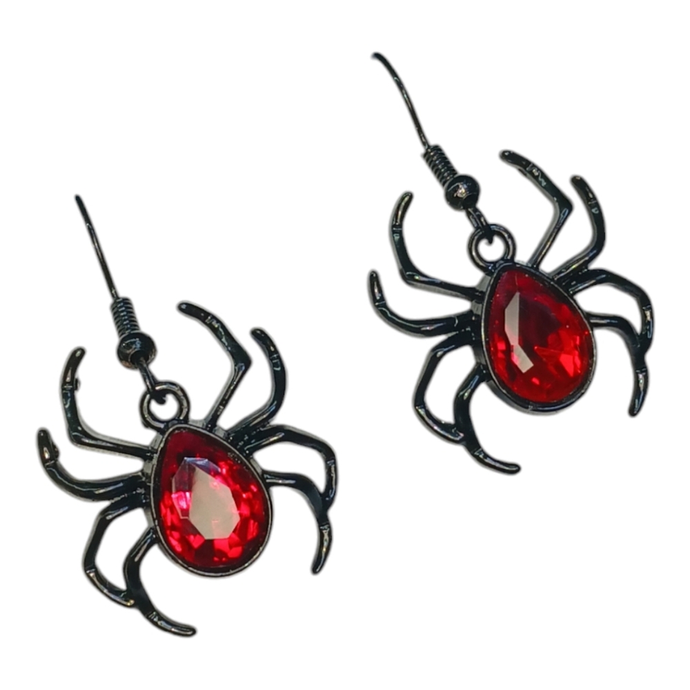 Black Widow Spider Earrings Hooks Red Glass Rhinestone